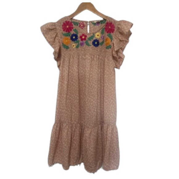 Umgee LIKE NEW floral embroidered flutter sleeve smocked tiered ruffle dress S - Picture 1 of 8